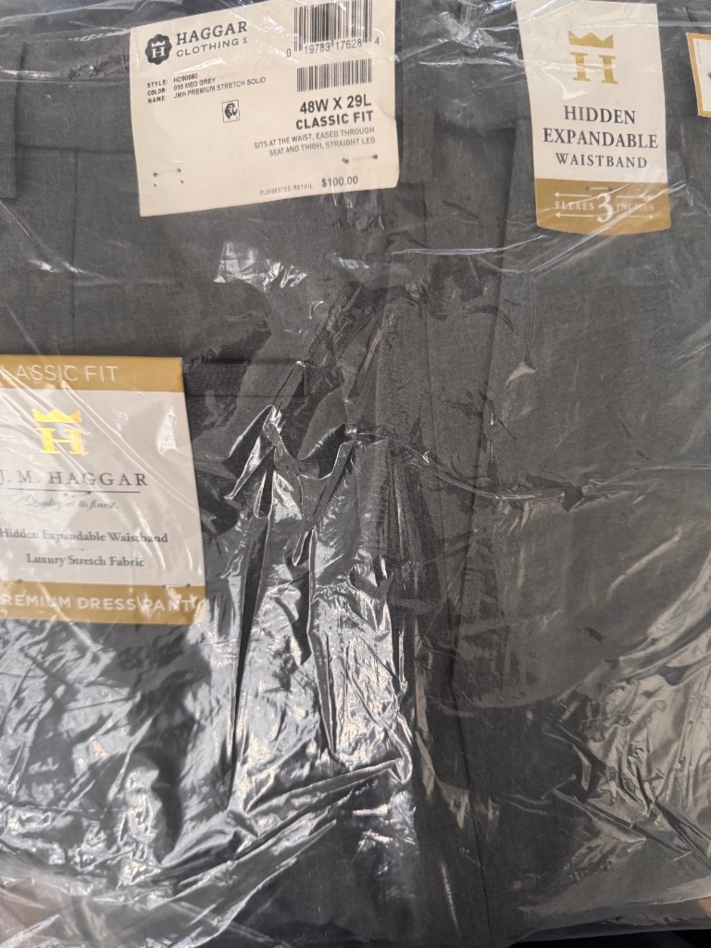 J.M. Haggar Mens 48x29 Premium Stretch Dress Pants Gray Classic Fit NWT